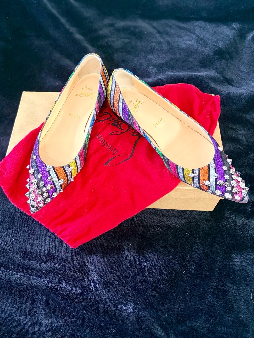 Christian Louboutin Rainbow Striped Pointed Flats with Silver Studs